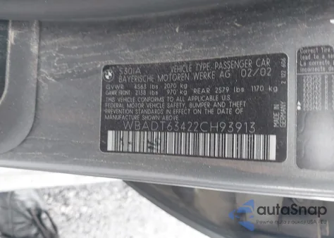 2002 BMW 530Ia из США, поврежденный, VIN WBADT63422CH93913